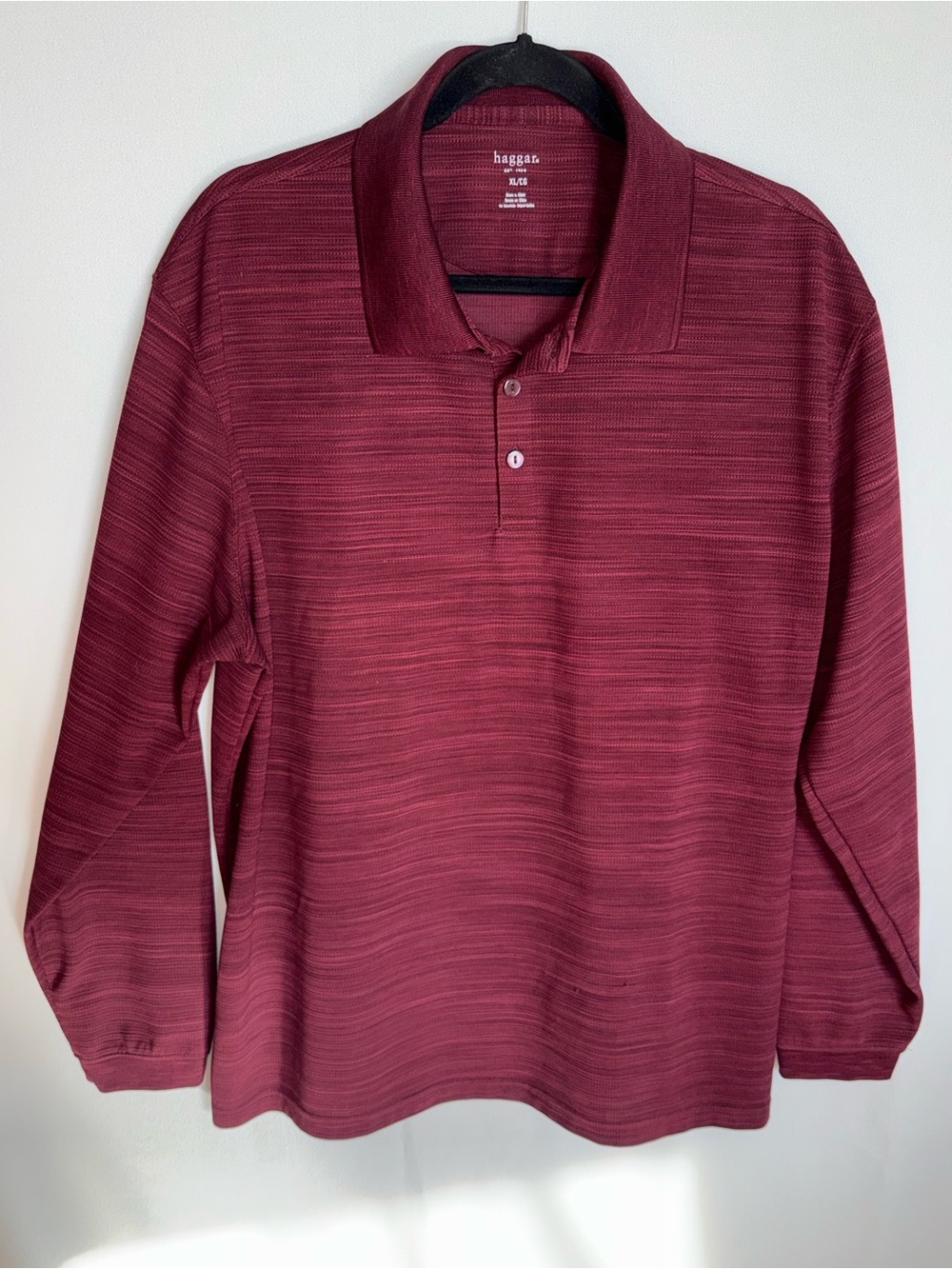 Haggar Men's Burgundy Heather Long-Sleeve Polo Size XL Polyester Stretch